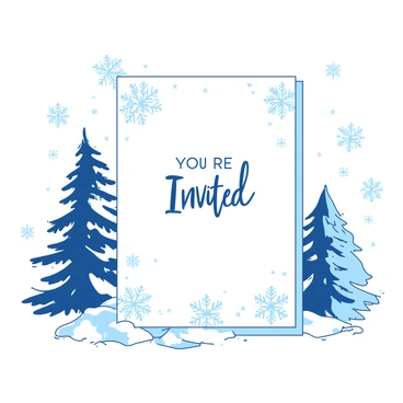 A white wedding invitation featuring intricate snowflake designs scattered throughout the background. In the foreground, there are elegant pine trees adorned with frost, their branches dusted with delicate snow. The text on the invitation reads "You are Invited" in a stylish font, surrounded by a border of silver snowflakes, creating a serene winter atmosphere. The overall composition highlights the beauty of winter, emphasizing the wedding theme with a touch of nature.