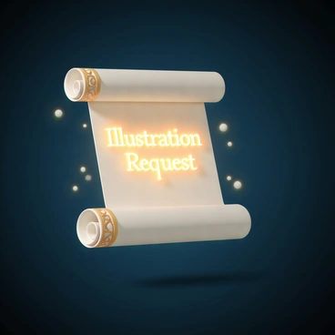 A magical scroll unfurling in mid-air, held by an invisible force. The scroll is adorned with intricate golden patterns along the edges. As it opens, glowing letters appear in the center of the scroll, forming the phrase "Illustration Request" in a vibrant, shimmering font. The letters emit a soft, ethereal light that illuminates the surrounding area. The background is a deep, dark blue, enhancing the contrast of the glowing text and the scroll's rich, textured surface.