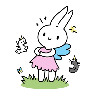 A white bunny named "Miffy" is dressed as a fairy, wearing a sparkling, pastel-colored dress with matching fairy wings that have a delicate pattern. Miffy stands in a small clearing with lush green grass. Surrounding her are various magical creatures such as a small, fluffy unicorn with a shimmering mane, a tiny dragon with iridescent scales, and a playful fairy with butterfly wings, all displaying vibrant colors. The scene conveys a sense of whimsy and enchantment.
