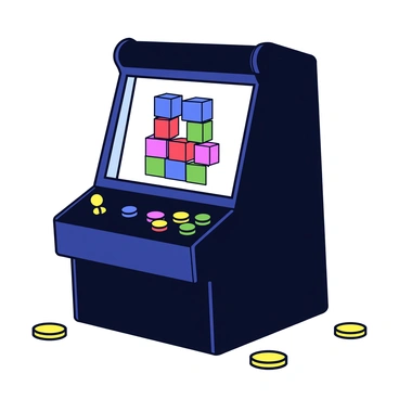 A Tetris arcade machine with a black exterior. The screen displays a nearly completed stack of colorful blocks in varying shapes, including red L-shaped blocks, blue square blocks, and green T-shaped blocks. The arcade machine features a joystick on the side and several buttons in bright colors below the screen. The floor around the machine has scattered coins and a dim light illuminates the scene.