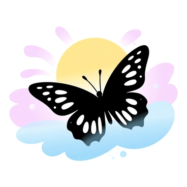 A butterfly with intricate wing patterns is positioned in front of a large sun that is rising on the horizon. The sun emits warm tones of yellow and orange, creating a vibrant glow. The sky is a gradient of soft pastel colors, transitioning from light pink to pale blue. The silhouette of the butterfly appears dark against the bright backdrop. Gentle rays of sunlight extend outward, enhancing the tranquil scene.