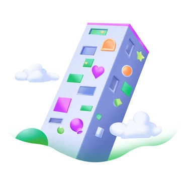 An illustration of a building that leans dramatically to one side, with whimsical windows.