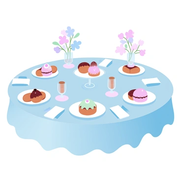 A round table is set for a festive Easter brunch, adorned with "pastel plates" arranged neatly. Sweet pastries, including "muffins" and "eclairs," are displayed on decorative stands across the table. Small vases filled with "colorful flowers" are placed at intervals, adding a charming touch. A tablecloth in soft colors gently drapes over the edges, complementing the overall theme. Decorative napkins are folded elegantly beside each plate. The scene captures a joyful and inviting atmosphere, perfect for a celebration.
