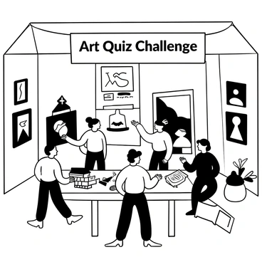 An art gallery with large white walls adorned with various black-and-white artworks. Several visitors are engaged in an art-themed quiz challenge, gathered around a table covered with quiz sheets and pencils. One visitor is pointing at a painting on the wall while another is writing down an answer. A quizmaster stands at the front with a clipboard and a stack of art books. Various pieces of art, including sculptures and framed prints, are placed throughout the gallery, creating an interactive atmosphere. A banner with the words "Art Quiz Challenge" hangs above the scene.