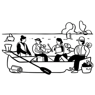 A group of canoers wearing "brightly colored life vests" and "helmets" are gathered around their canoes at the water's edge. The canoes are lined up, ready for use, with paddles resting inside them. The scene is filled with excitement as the canoers are engaged in conversation, discussing their upcoming adventure. There are trees in the background, and the water is calm, reflecting their anticipation. Each canoer has their gear neatly organized around them, and various outdoor equipment can be seen nearby.