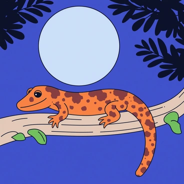 A crested gecko with a textured orange and brown skin pattern is resting comfortably on a thick, textured tree branch. The gecko's large, round eyes are partially closed, indicating relaxation. The branch features rough bark and green moss patches. Above, a full moon emits a soft, silvery glow, illuminating the scene and casting gentle shadows on the gecko and branch. The background is filled with dark silhouettes of tree leaves, creating a serene nighttime atmosphere.