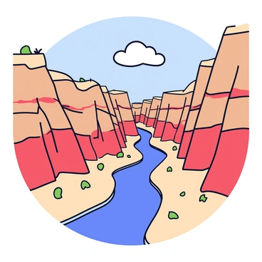 A canyon with steep, layered rock formations showing distinct erosion patterns. The layers of earth are various shades of red, beige, and brown, indicating the different types of sediment. Jagged edges and cliffs rise sharply into the sky, while a narrow river winds through the bottom of the canyon, reflecting the sunlight. Sparse vegetation, such as small shrubs and grasses, clings to the rock surfaces. The sky above is clear with a few fluffy white clouds.