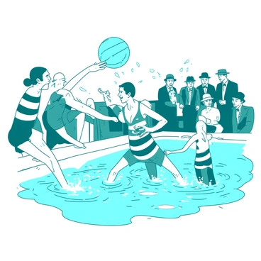 A blue water polo ball is being splashed in a pool where several players are competing. The players are dressed in vintage swimsuits typical of the early 1900s, featuring horizontal stripes in teal and white. One player is reaching out with one arm to grab the ball, while another player is pushing off from the pool wall with a determined expression. The water is turbulent around them, with droplets flying into the air, capturing the intensity of the match. In the background, spectators are gathered around the poolside, some wearing hats and formal attire of the era, adding to the historical context of the scene.