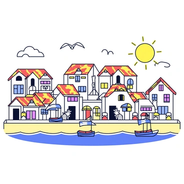 A quaint seaside village with whitewashed buildings and colorful shutters. The roofs of the buildings are adorned with "Magikarp" motifs, featuring bright orange and gold colors. There are fishing nets hanging from the balconies, and small boats gently bobbing in the harbor. Seagulls can be seen flying above, and the sandy beach is lined with beach umbrellas. The sun is setting in the background, casting a warm glow over the scene.