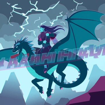 A powerful warrior clad in dark, intricately designed armor is riding atop a massive dragon. The dragon has shimmering emerald scales, its wings outstretched and beating against the turbulent winds. Dark clouds swirl overhead, crackling with electric energy, while flashes of lightning illuminate the scene. The warrior grips the reins tightly, showing a determined expression, with long hair whipping wildly in the fierce winds. Below, glimpses of jagged mountain peaks can be seen through the storm, creating a dramatic backdrop. "A warrior riding a dragon through a stormy sky" is emblazoned in bold letters across the center of the image.
