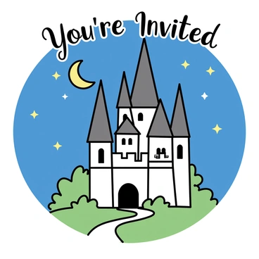 A magical castle with tall, pointed towers and intricate details, sitting atop a hill. The castle is illuminated by soft light, casting a warm glow against the dark blue night sky filled with scattered stars. A crescent moon hangs above, adding to the enchanting atmosphere. Below the castle, lush greenery and a winding path lead up to the entrance, inviting guests to step into a fairy-tale world. The words "You're Invited" are elegantly written across the top in a bold, whimsical font.