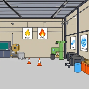 An industrial setting featuring a large, open factory space with high ceilings and metal beams. Various safety signs are mounted on the walls, highlighting the components of the fire triangle. Each sign illustrates a different element: one sign displays a bright flame symbol for "Heat," another shows a droplet of fuel for "Fuel," and a third sign features a cloud of oxygen represented by concentric circles for "Oxygen." The floor is concrete and the environment is filled with large machinery and tools. There are also safety cones and gear scattered around, emphasizing the focus on safety in this industrial space.