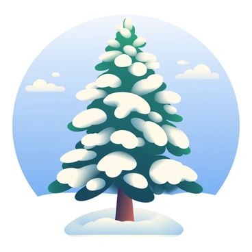 A lone spruce tree with dark green needles is standing tall in the foreground, completely blanketed in fresh, white snow. The snow covers the branches, creating a soft and fluffy appearance. Below, the ground is also covered in a thick layer of pristine snow, glimmering under the sunlight. In the background, the sky is clear and bright blue, providing a stark contrast to the white landscape. A few wisps of clouds can be seen, adding depth to the serene atmosphere.