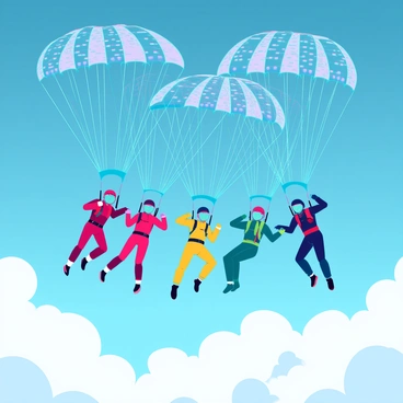 A group of six skydivers is free-falling through a bright blue sky. Each skydiver wears a jumpsuit in different vibrant colors, such as red, yellow, and green. They are spread out, creating a dynamic formation as they descend. Beneath them, fluffy white clouds blanket the landscape. Colorful parachutes are deployed above the clouds, showcasing patterns like stripes and polka dots, adding a festive touch to the scene. The sunlight reflects off the parachutes, creating a dazzling display in the sky.