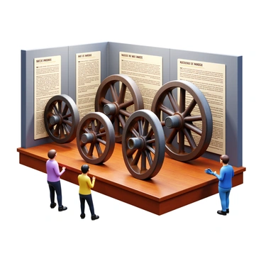 A display of historic train wheels arranged in a museum setting. The train wheels are made of heavy iron and exhibit intricate details, such as rust and wear signs, showcasing their age. They are positioned on a wooden platform with a polished finish. Behind the display, there are informative plaques detailing the history and significance of the wheels. Soft museum lighting enhances the textures of the metal, creating shadows that highlight their shapes. Visitors can be seen observing the exhibit, adding a sense of scale to the scene.