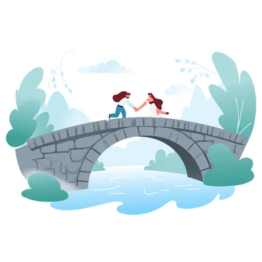 A couple is walking hand in hand across an ancient stone bridge. The bridge features weathered stones and intricate carvings along its edges. Below, a misty river flows gently, with soft ripples creating a serene surface. The surrounding landscape is filled with lush greenery, with trees and plants partially obscured by the mist. The atmosphere is tranquil, evoking a sense of adventure and discovery as the couple crosses the bridge together.