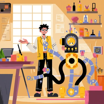 A steampunk inventor stands proudly in a cluttered workshop filled with various tools and gadgets. The inventor has messy hair and wears goggles on their forehead. They are presenting a fantastical contraption that features brass gears, pipes, and glowing bulbs. The contraption has multiple arms and rotating parts, creating a sense of movement. The walls of the workshop are lined with shelves of mechanical components and blueprints. A large window allows warm light to illuminate the scene, highlighting the intricate details of the inventor's creation.
