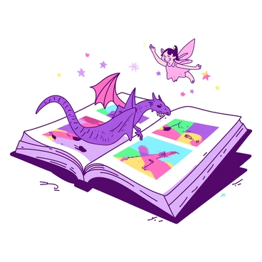 A white magical storybook lies open on a wooden table. The pages are filled with colorful illustrations of various characters, including a purple dragon with shimmering scales and a pink fairy with sparkling wings. These characters are depicted as if they are leaping off the pages, with the dragon's wings extended wide and the fairy hovering in mid-air. Surrounding the book are swirling sparkles and small, colorful stars, enhancing the enchanting scene. The background of the table is softly blurred, focusing attention on the storybook and the animated characters.