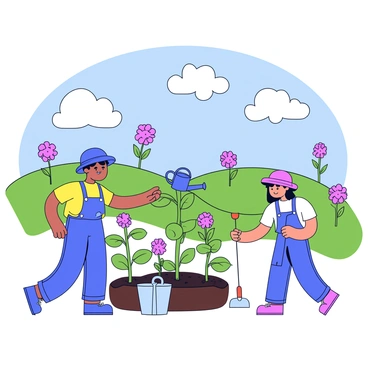 Miniature farmers are actively tending to a sweet bean plant that is growing in a whimsical landscape. The farmers are dressed in colorful attire, with one holding a watering can and the other using a small hoe. The sweet bean plant has lush green leaves and vibrant purple flowers. Surrounding the farmers are rolling hills dotted with oversized flowers and playful clouds in a bright blue sky.