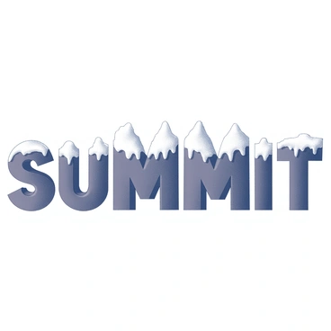 The word "summit" is formed by letters that resemble snow-capped mountains. Each letter has jagged edges and peaks, mimicking the rugged terrain of mountain ranges. The tops of the letters are adorned with white, fluffy snow caps that contrast with the darker shades of the rest of the letters, emphasizing their mountain-like appearance. The background is minimal, allowing the focus to remain on the unique design of the letters that convey a sense of elevation and adventure.