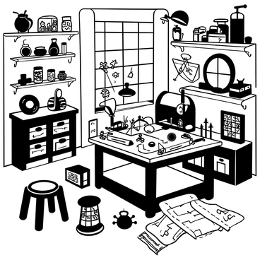 A cluttered inventor's workshop filled with scattered blueprints and various early mechanical devices. On a large wooden table, there are rolled-up blueprints, tools such as gears and wrenches, along with half-finished prototypes of intricate machines. Shelves on the walls are lined with jars containing small mechanical parts and a few open books filled with sketches and notes. An old-fashioned workbench is covered in more blueprints, with a single lamp illuminating the workspace. A large window allows light to filter in, casting shadows across the workshop floor.