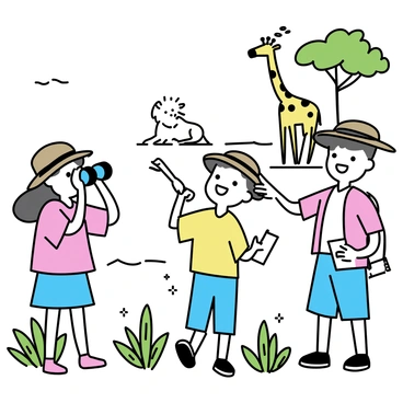 A group of three children, two boys and a girl, wearing safari hats and colorful clothing are standing together. They are gazing through binoculars at a lion lounging under a tree in the background. The second boy is pointing excitedly at a tall giraffe with distinctive spots that is reaching for leaves from a nearby tree. The girl is holding a small notebook, jotting down notes about their observations. In the foreground, lush green foliage and vibrant jungle plants surround them, enhancing the sense of adventure in their safari exploration.