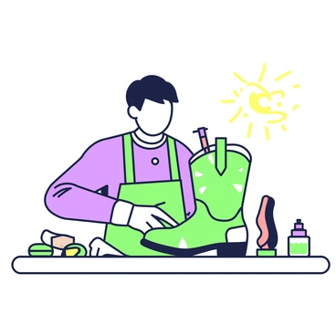 A cobbler is sitting at a workbench, focused on repairing a pair of cowboy boots. The boots are worn and show signs of love, with scuffs and creases evident on their surface. The cobbler is wearing an apron and has tools scattered around him, including a hammer, stitching needles, and leather pieces. He is holding a needle and thread, carefully sewing a seam on the side of one boot. On the workbench, there is also a small bottle of leather conditioner and a wooden shoe form. A warm light illuminates the workspace, highlighting the meticulous details of the repair process.