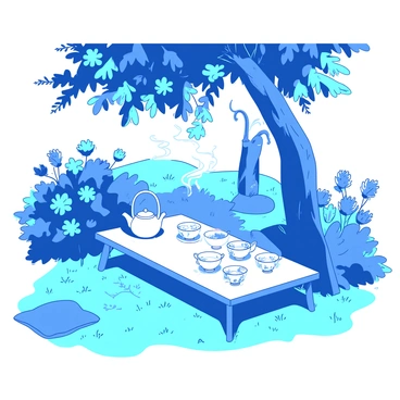 A blue garden filled with vibrant flowers and greenery, featuring a white tea table set under a leafy tree. On the table, there are several delicate china teacups arranged neatly, each one adorned with intricate floral patterns. A small white teapot sits in the center, steam gently rising from its spout. Nearby, a few pastel-colored cushions are placed on the grass, inviting someone to sit and enjoy the tranquil atmosphere.