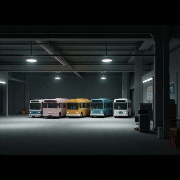 A dimly lit bus garage, illuminated by the soft glow of overhead lights casting long shadows on the concrete floor. Several buses are parked in neat rows, each with distinct colors and markings, their sleek surfaces reflecting the faint light. The garage features high ceilings with exposed beams, and the walls are adorned with faded signs. A few maintenance tools and equipment are scattered around, hinting at recent activity, while the atmosphere conveys a sense of quiet solitude during the late night hours.