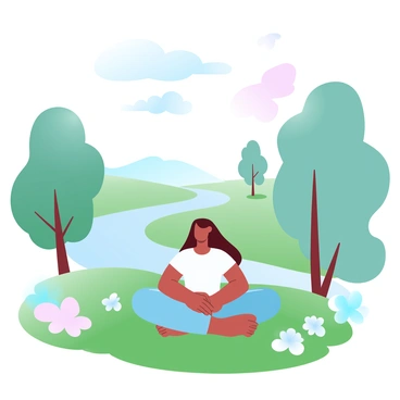 A person is sitting cross-legged on a vibrant green grass field, surrounded by tall trees with softly flowing leaves. The individual is dressed in comfortable, light-colored clothing, with hands resting on their knees. In the background, a gentle stream is winding through the landscape, reflecting the colors of the sky. Wispy clouds float above, blending into a gradient of pastel colors, creating a tranquil atmosphere. Large flowers with soft petals are scattered around the scene, adding subtle splashes of color to the greenery.