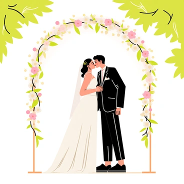 A couple sharing their first kiss as a married couple stands under a beautifully decorated wedding arch. The arch is adorned with cascading white and blush pink flowers, intertwining greenery, and twinkling fairy lights. The couple is dressed in elegant wedding attire, with the bride wearing a flowing white gown and the groom in a classic black suit. Soft sunlight filters through the trees surrounding the scene, creating a warm and inviting atmosphere. Their joyful expressions convey love and happiness as they lean in for the kiss.