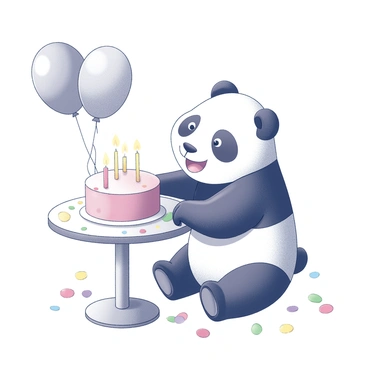A panda bear sitting at a small table decorated for a birthday celebration. The panda has its paws resting on the table, looking at a round birthday cake topped with candles. Colorful confetti is scattered around the table, and some pieces are drifting down from above. In the background, there are balloons tied to the table legs, adding to the festive atmosphere. The panda has a joyful expression, enhancing the celebratory mood of the scene.