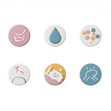 A collection of icons representing common menstrual cycle symptoms. The first icon depicts a stylized illustration of a cramp, featuring simple curved lines to indicate discomfort. The second icon shows a droplet representing fluid retention, designed as a smooth blue drop shape. The third icon highlights mood swings, illustrated as a face with one eyebrow raised and a neutral expression, contrasted by a speech bubble filled with colorful shapes. The fourth icon symbolizes fatigue, represented by a simple bed outline with a half-sleeping figure. The fifth icon illustrates bloating, designed as a circular shape with lines radiating outward to signify fullness. Each icon has a unique color palette, contributing to a cohesive but distinct look.