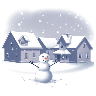 A snow-covered village under a blizzard. Houses with slanted roofs are blanketed in thick layers of snow. The scene depicts snowflakes falling heavily from a dense gray sky, creating a sense of movement and depth in the atmosphere. In the yard, a snowman stands, made of large snowballs, with a carrot for a nose and pebbles for eyes. Surrounding the snowman, the ground is adorned with a fresh layer of untouched snow, maintaining a pristine and tranquil appearance amidst the blizzard.