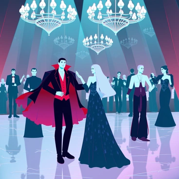 A grand ballroom with high ceilings and ornate chandeliers casting a soft, ambient glow. The floor is made of polished marble, reflecting the flickering candlelight. Elegantly dressed vampires are mingling, each adorned in dark, luxurious clothing. A tall vampire with slicked-back hair wears an elaborate black suit with crimson accents. Nearby, a woman with long, flowing silver hair is dressed in a dark, intricately designed gown, her pale skin contrasting against the fabric. Some vampires are engaged in conversation, while others are gracefully dancing to an unseen orchestra. The atmosphere is charged with a sense of mystery and elegance, as shadows play across the walls adorned with rich, dark tapestries.