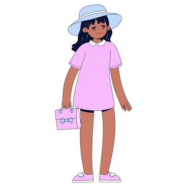 A girl wearing pastel-colored clothes, including a light pink dress with short sleeves. She has a matching pastel blue hat with a wide brim resting gently on her head. In her hand, she carries a small handbag that complements her outfit, also in soft pastel colors, adorned with a simple bow on the front. The girl stands with a cheerful expression, her hair flowing softly down her shoulders.