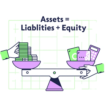 An illustration of a balance check being performed. In the center, there is a large scale with two equal pans. On the left pan, there are stacks of coins representing assets, neatly arranged in ascending order. On the right pan, there are individual banknotes and a small calculator symbolizing liabilities and equity. A pair of hands is seen adjusting the scale, indicating the act of balancing. Above the scale, the text "Assets = Liabilities + Equity" is prominently displayed in bold lettering. The background features a faint grid pattern, enhancing the accounting theme.