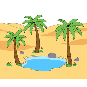 A vibrant desert landscape featuring a small oasis surrounded by smooth, golden sand dunes. In the center, there is a clear, shimmering blue pool reflecting the sunlight. Tall, green palm trees are scattered around the pool, their fronds swaying gently in the breeze. Some colorful flowers bloom near the base of the palm trees, adding splashes of color to the scene. A few small rocks and patches of grass are visible near the edges of the pool, enhancing the oasis feel.