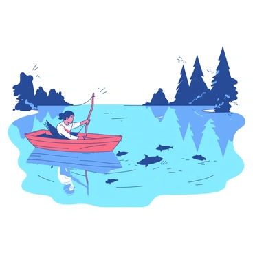 A person in a boat using a bow to fish in a clear, calm lake