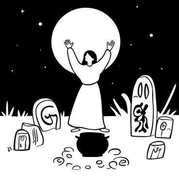 A woman dressed in flowing robes stands in a moonlit clearing, raising her arms as she performs a ritual. She is surrounded by ancient stones arranged in a circular pattern. The ground is covered in soft grass and mist swirls around her feet. A cauldron sits before her, gently bubbling with a potion. Symbols and runes are etched into the stones, illuminated by the light of the full moon above. The atmosphere is filled with a sense of mystery and enchantment.