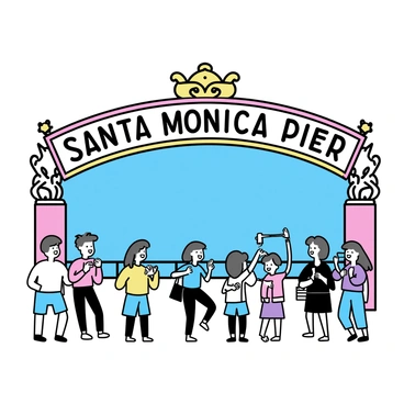 A large, colorful entrance arch at Santa Monica Pier, with the words "Santa Monica Pier" prominently displayed in bold letters. The arch is adorned with intricate designs and lights. Below the arch, a diverse group of visitors is gathered, including families, couples, and friends. Some people are taking photos, while others are laughing and enjoying the vibrant atmosphere. The background features the ocean and blue skies, creating a lively scene filled with activity.