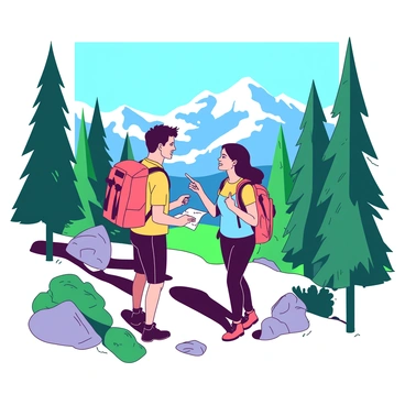 A couple is hiking through a mountainous landscape, surrounded by tall green trees and rugged rocks. They are wearing colorful hiking gear, with matching backpacks on their backs. The man is holding a map in his left hand while looking at the woman beside him, who is smiling and pointing towards the trail ahead. Sunlight filters through the leaves, casting dappled shadows on the ground below them. In the background, there are distant peaks capped with white snow, creating a striking contrast against the blue sky.