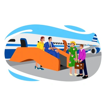 A retro-style jet bridge with passengers dressed in 1960s fashion boarding a classic airplane