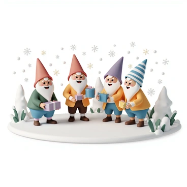 A group of four cheerful gnomes is gathered in a snowy garden. Each gnome has a distinct appearance: one has a red hat and green coat, another wears a blue hat and yellow jacket, the third sports a purple hat with a brown tunic, and the last one has a striped hat and orange vest. They are joyfully exchanging colorful gifts wrapped in shiny paper. The garden is filled with snow-covered plants and twinkling fairy lights, creating a festive atmosphere. In the background, there are snowflakes gently falling from the sky, adding to the winter scene.