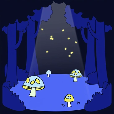 A mysterious clearing in a dark forest surrounded by tall, shadowy trees. The ground of the clearing is dotted with several glowing mushrooms, each emitting a soft blue and green light. Fireflies flicker in the air, illuminating the scene with tiny, golden glows. A gentle mist hangs in the air, enhancing the ethereal quality of the setting. The leaves of the trees create a canopy above, with a few beams of light breaking through to touch the forest floor.