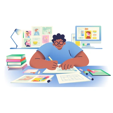 A commercial illustrator with light brown skin and curly hair is seated at a large table covered with storyboards and various reference materials. The illustrator is wearing a blue t-shirt and glasses, focused on drawing with a pencil in their right hand. Around them, there are stacks of colorful art books, printed images of character designs, and a sketchbook filled with rough drafts. A bright lamp is illuminating the workspace, and a computer screen displays digital illustrations related to the project. There are also markers and erasers scattered across the table, enhancing the busy creative environment.