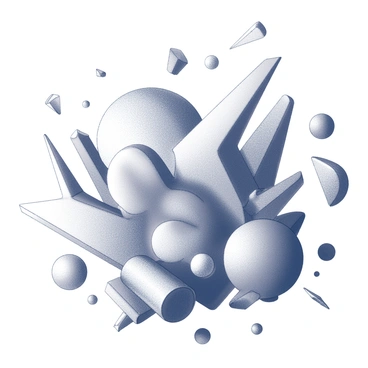 A chaotic arrangement of various abstract shapes and forms intertwining and overlapping. The forms vary in size, with some appearing sharp and jagged, while others are soft and rounded. The composition conveys a sense of turmoil and intensity. Aspects of movement are present, suggesting dynamic energy and expression. The scene evokes an emotional response through the interplay of these forms without depicting specific objects or figures.