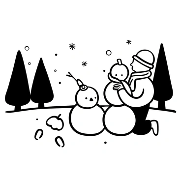 A small, house-elf figure bundled up in a thick, cozy scarf is kneeling in a snowy landscape. The elf is focused on rolling large snowballs to create a snowman. Surrounding the elf are tall snow-covered pine trees, and delicate snowflakes are falling gently from the sky. The snowman has a round head made from a snowball, with a twig for an arm and a carrot placed on top for the nose. A few scattered footprints are visible in the snow leading to the elf.