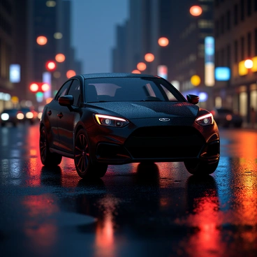 A black car silhouette stands out against a backdrop of a bustling city at night. The car is parked on a wet street, with raindrops trickling down its sleek surface. Puddles on the ground catch and reflect vibrant city lights in hues of red, blue, and yellow, creating a dynamic contrast with the dark pavement. Shadows of tall buildings loom in the background, enhancing the urban atmosphere. The scene captures the mood of a rainy evening in the city.