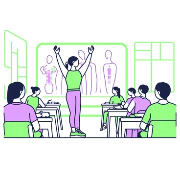 An instructor is standing in front of a classroom full of students, demonstrating correct posture for scapular retraction. The instructor has long hair tied back and is dressed in a fitted athletic top and leggings. They are facing the students, with arms raised to emphasize the shoulder position. In the background, a large whiteboard displays diagrams of the human spine and shoulder blades, highlighting the scapula. The students are sitting at desks, observing attentively while taking notes. Some students have their own posture variations displayed in their body language. The classroom is well-lit, with windows allowing natural light to enter.